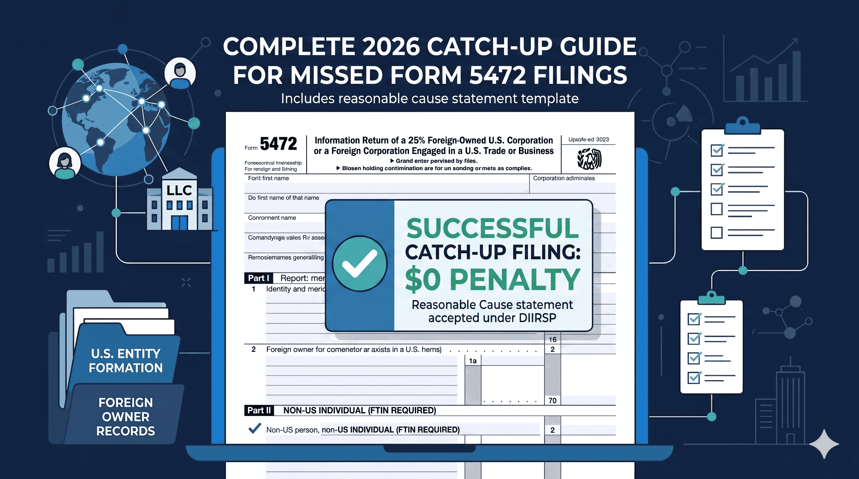 An educational infographic on a dark blue background titled "COMPLETE 2026 CATCH-UP GUIDE FOR MISSED FORM 5472 FILINGS." The graphic features a laptop screen displaying IRS Form 5472 with a prominent, green-accented badge in the center that reads "SUCCESSFUL CATCH-UP FILING: $0 PENALTY - Reasonable Cause statement accepted under DIIRSP." Surrounding the laptop are icons representing global connections, a US LLC building, a folder marked "U.S. ENTITY FORMATION / FOREIGN OWNER RECORDS," and compliance checklists.