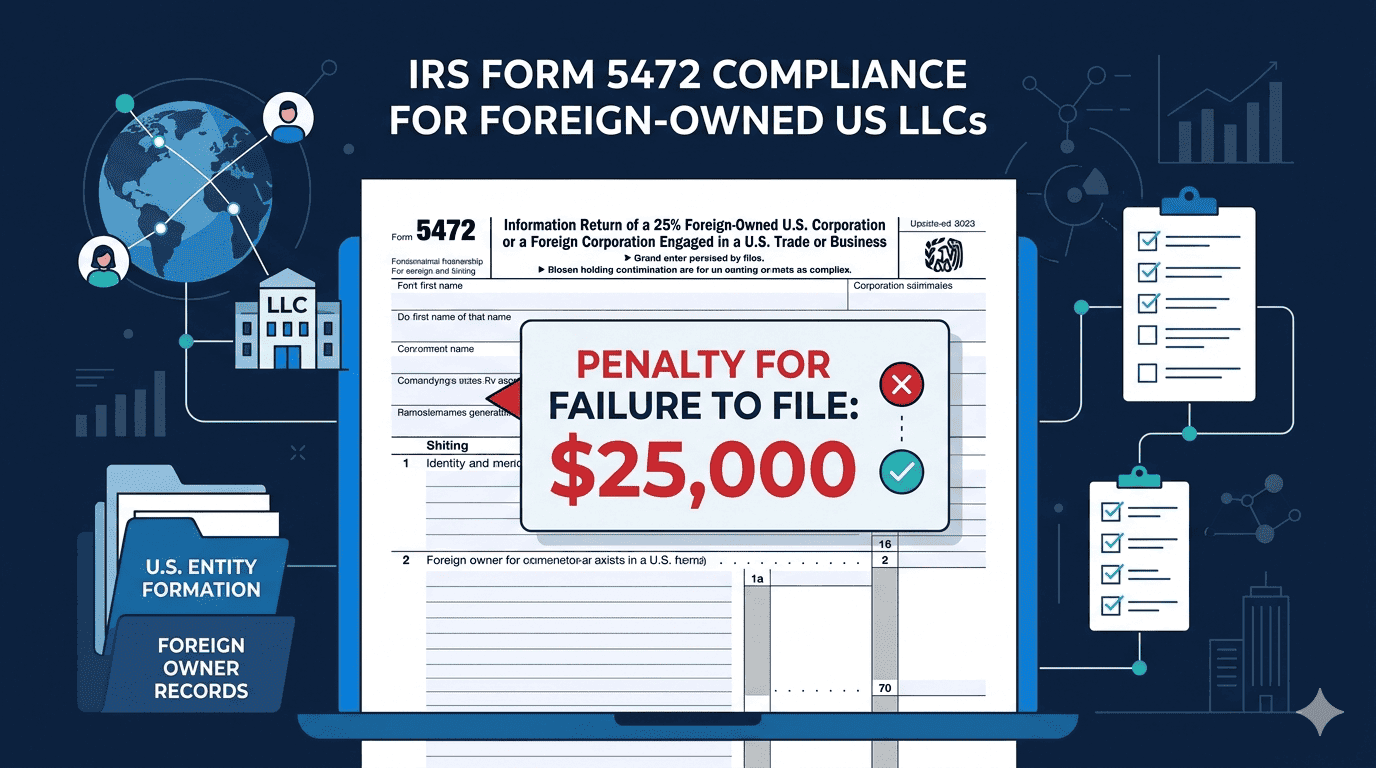 Illustration of IRS Form 5472 compliance requirements for foreign-owned US LLCs, including filing deadlines and penalty warnings.
